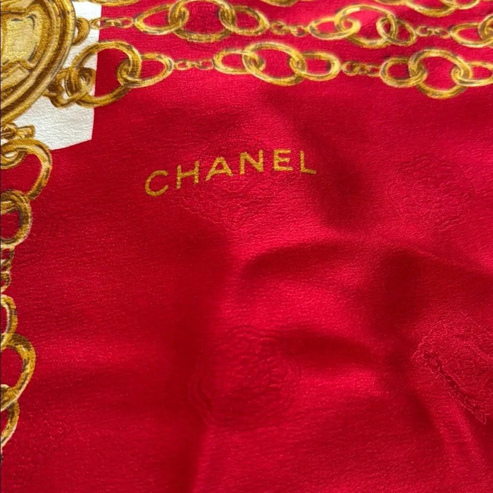 Authentic CHANEL Elegant Silk Red and Gold Scarf
